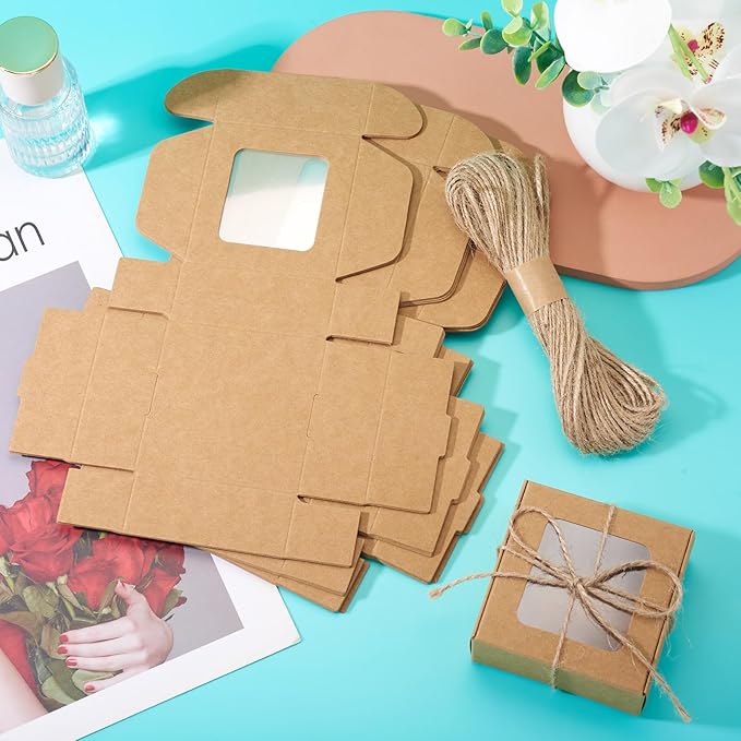 Craftdady 20pcs Small Square Brown Gift Boxes Party Favors Crafts Box with Jute String Folding Packing Boxes with Visible Window for Birthday Christmas Weddings 2.7"x2.58"x1.18"