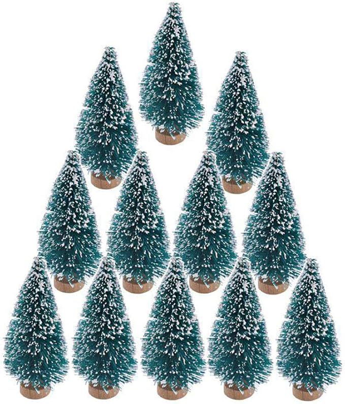 24 Mini Bottle Brush Christmas Trees with Wood Base, Artificial Plastic Mini Trees for Crafts, Winter Snow Ornaments for Christmas Table Party (Blue-Green)