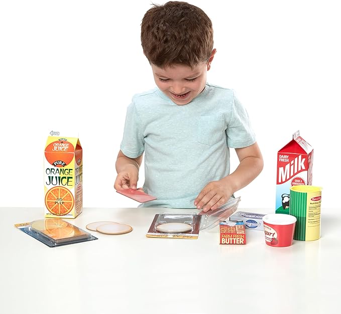 Melissa & Doug Fridge Fillers Grocery Play Food Cartons (8 Pieces) Wooden Toy Groceries, Pretend Play Food, Kitchen Accessories for Kids Ages 3+ - FSC Certified