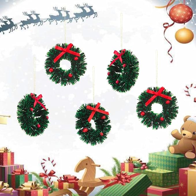 10 Pieces Mini Artificial Christmas Wreaths Ornaments, Dollhouse Miniature Christmas Wreath Doll House Mini Xmas Wreath for Dollhouse Door Windows Christmas Tree Decoration (Red Bowknot)