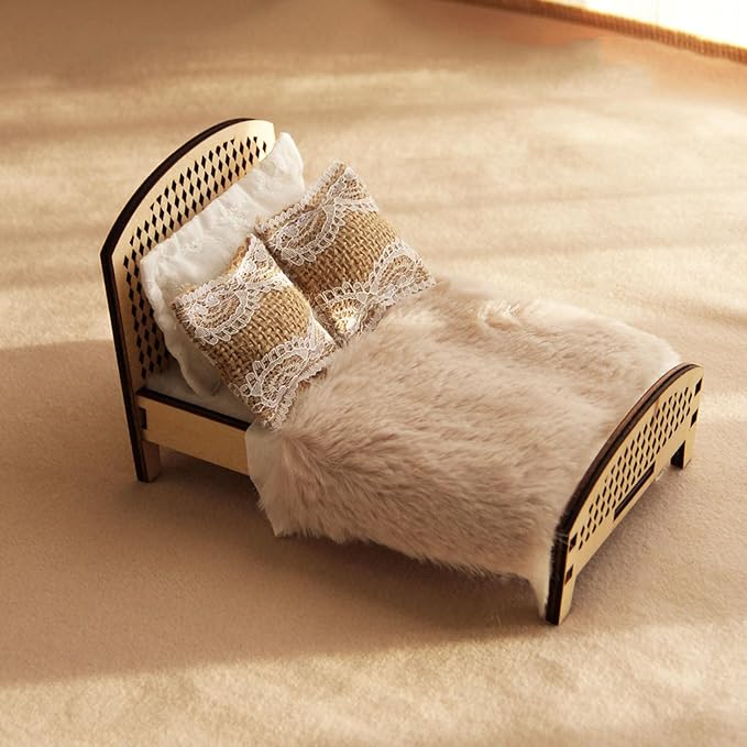 1:12 Scale Miniature Double Bed Unpainted Wood Furniture Model Craft Accessory Customizable Finish Bedroom Decoration for Pretend Play and Scene