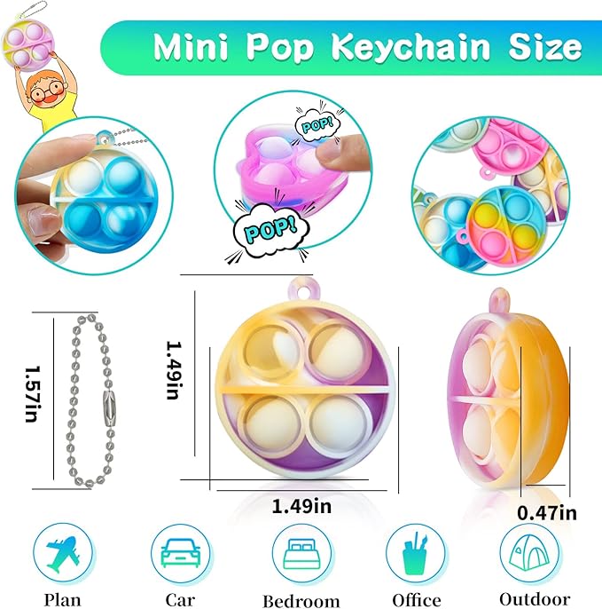 ONKULL Pop Fidget Keychain 60 Pack ,Mini Fidget Toys Bulk ,Sensory Toys for Kids ,Party Favors for Kids 4-8,8-12 Year ,Back to School Gifts for Classroom ,Valentines Goodie Bags Stuffers