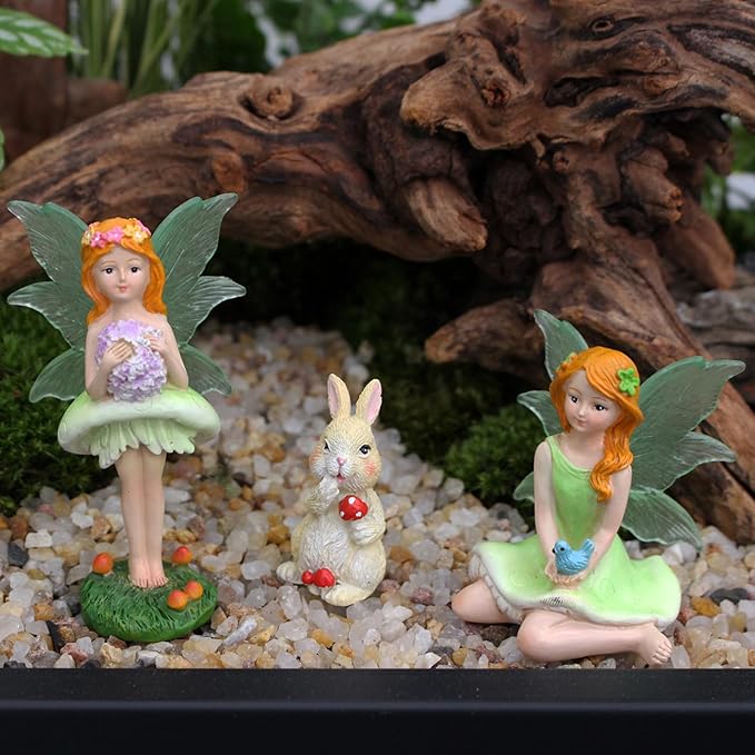 KOCNYDEY Mushroom Garden Miniatures Fairies Luminous Wings, Mini Garden Figurine Set Fairies Statues with a Rabbit for Outdoor Garden Yard Lawn Home Decor Lovely Resin Fairy Angel Accessories 3 PCS