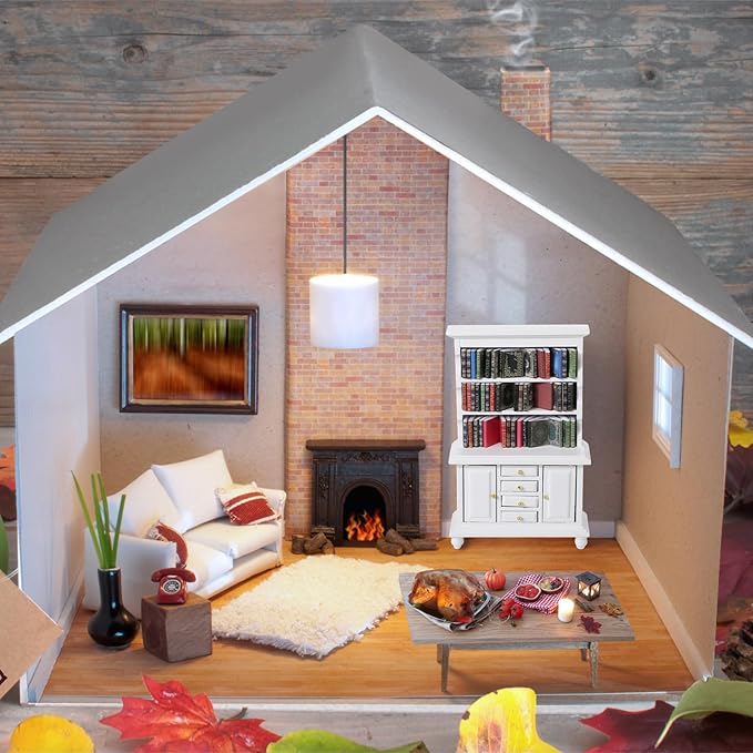 1:12 Scale Dollhouse Miniature Wooden Bookshelf Bookcase with 48 Pcs Miniature Books Mini Tiny Books for Dollhouse Mini Library Decoration Book Lover’s Reading Nook Gift(White)