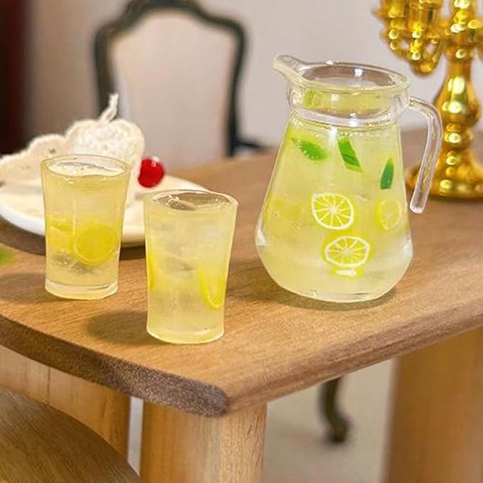 3pcs Miniature Lemonade Pitcher Set, Dollhouse Glasses Bottle Lemonade, Mini Lemon Fruit Ice Tea, for Dollhouse Miniature Kitchen, Fairy Garden, Diorama
