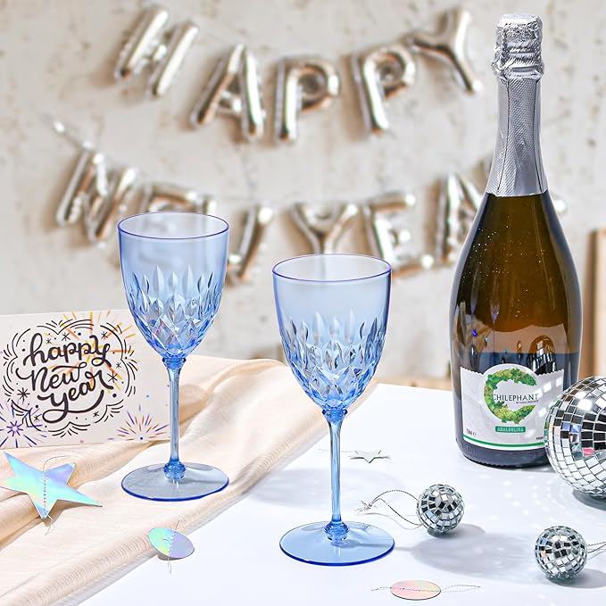 SKLENICE 24 pcs Plastic Blue Wine Glasses Set 7.4oz Detachable Small Wine Goblet Champagne Flutes Unbreakable Vintage Diamond Stemware Mimosa Drinking Glassware for Wedding Christmas Event Party