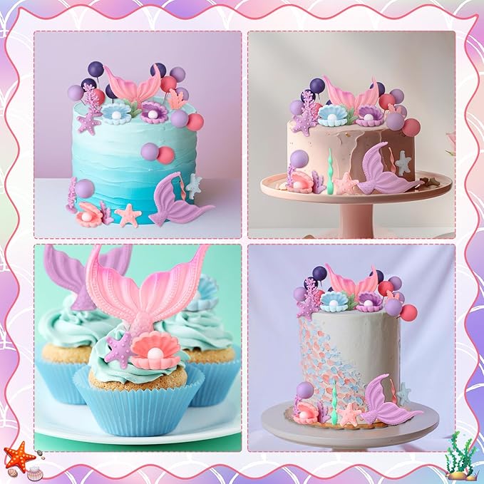 40 Pcs Mermaid Cake Topper - Mermaid Tail Cake Decorations with Seaweed Shells Starfish Coralal Under the Sea Cake Decorations for Birthday Party Decorations