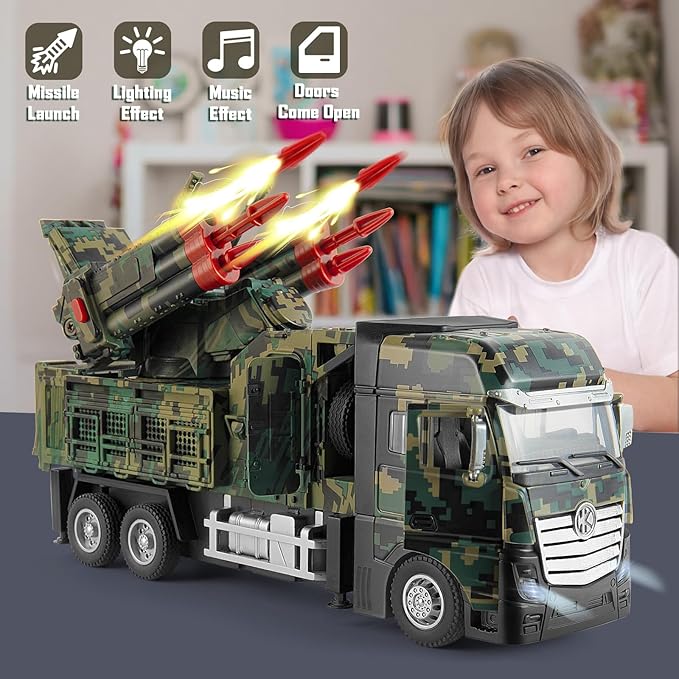 Army Toys for Boy, Military Vehicle Toy with 6 Missile Launcher, Pull Back Army Model Truck with Light and Sound, Military Missile Alloy Vehicle Toys for Kids Age 3-6