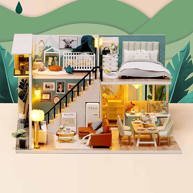 TuKIIE DIY Miniature Dollhouse Kit with Furniture, 1:24 Scale Creative Room Mini Wooden Doll House Accessories Plus Dust Proof & Music Movement for Kids Teens Adults(Comfortable Life)