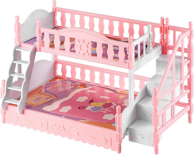 DOITOOL Dollhouse Bunk Bed Miniatures Plastic Bunk Bed 1/12 Scale Doll House Furniture with Bedding Pretend Play Dollhouse Accessory for Kids