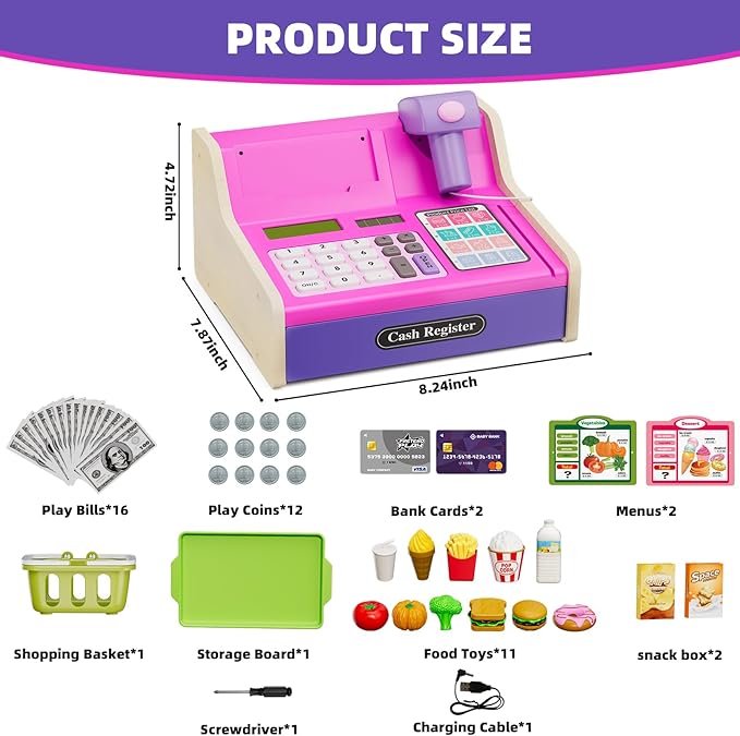 Kids Cash Register Toys, Rechargeable Wooden Toddler Pretend Play Supermarket & Fast Food Restaurant, Cashier Toy with Play Money, Pretend Food, Birthday Gifts for Kids Boy & Girl Age 4-8, Pink