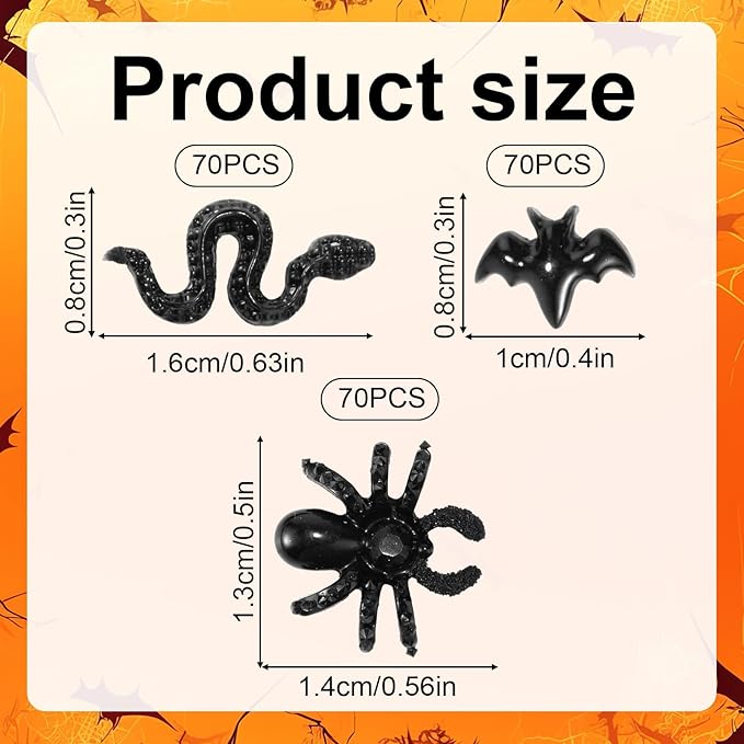 210pcs Halloween Mini Resin Creatures, Miniature Bats Snakes Spiders Nail Charms Tiny Animal Little Small Creatures Bulk for DIY Crafts Fairy Garden Micro Landscaping & Party Decorations (Black)