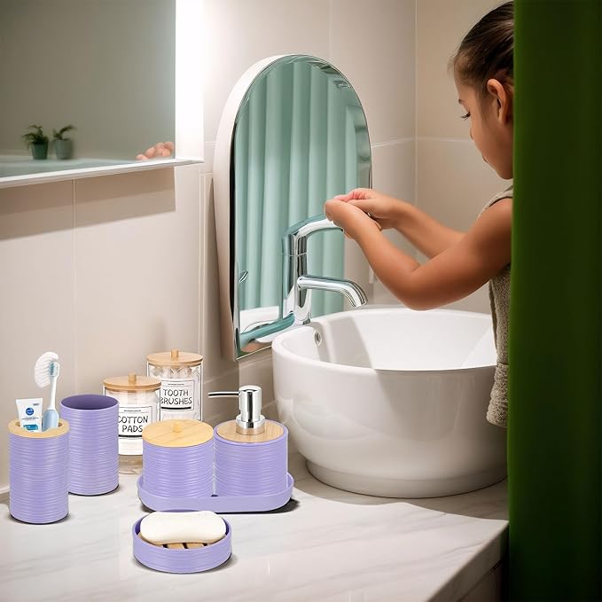 IMAVO Bathroom Accessory Set-11Pcs Purple Bathroom Accessories Set with Trash Can,Soap Dispenser,Soap Dish,Toothbrush Holder,Toothbrush Cup,Toilet Brush Set ,Qtip Holder Dispenser with Labels