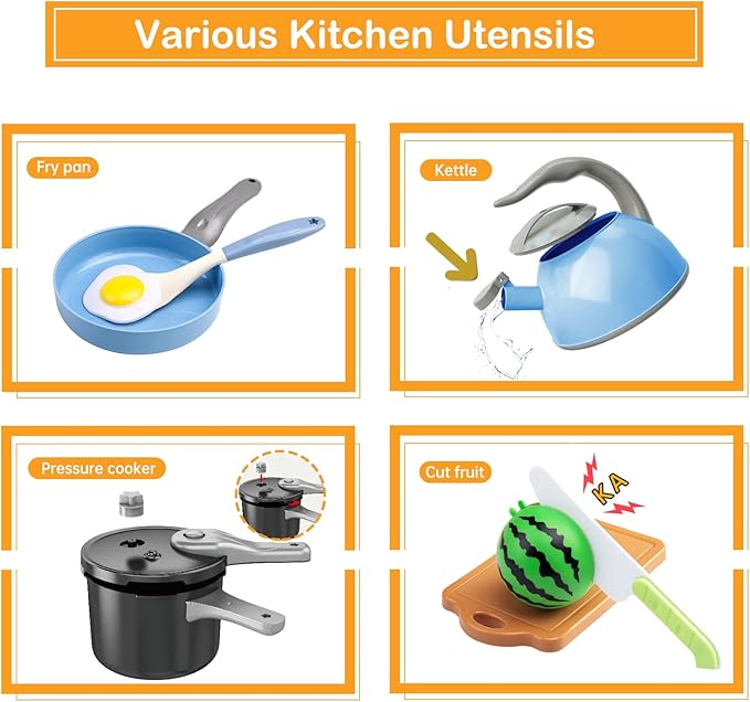 130Pcs Kitchen Playset, Toddler Pretend Cooking Play Pots, Pans, Utensils Cookware, Daily Food Fruit Veges, Shopping Storage Basket, Dessert, Prop Money, Learning Gift for Child (Blue)
