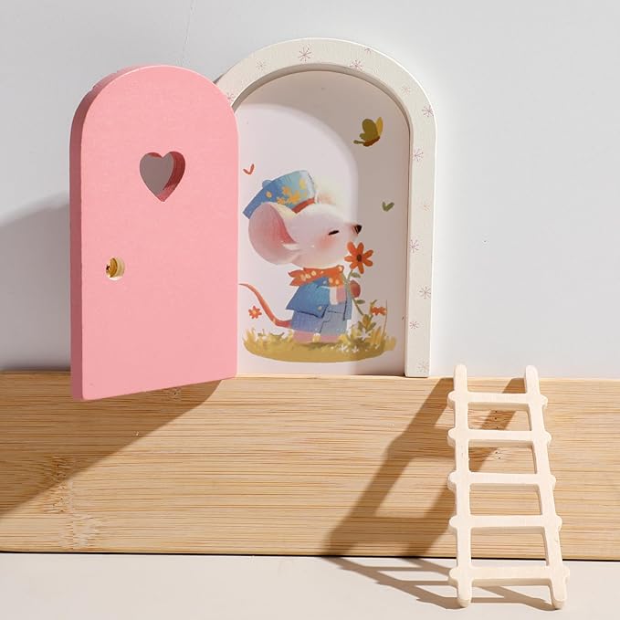 Christmas Mamimami Home Pink Wooden Magical Fairy Doors, 13cm 5.12 inch Elf Mouse Miniature Tiny Door Desk Fairy with Ladder, Tooth Fairy Door Handmade Decorations Gifts