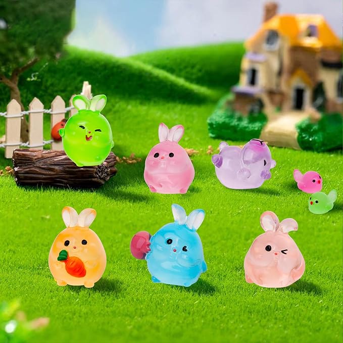 200pcs Luminous Mini Resin Animals 30 Types Miniature Resin Animal Figurines to Hide Bulk Glow in The Dark Tiny Ducks Frogs Small Cat Bunnies for Fairy Garden Micro Landscape Dollhouse Accessories