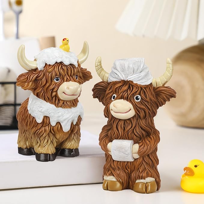 Burbell 2 Pcs Highland Cow Bathroom Figurines Bathroom Theme Highland Cow Christmas Gnomes Bath Resin Statue Calf Gifts for Christmas Farmhouse Home Garden Kitchen Office Tiered Tray Table Decor