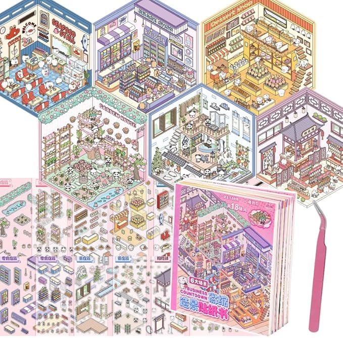 DIY Miniature 3D Sticker Book – 6 Scene Backgrounds with PET Stickers, Tweezers & Guide | Cute Isometric Room Decor Craft for Adults & Kids Stress Relief