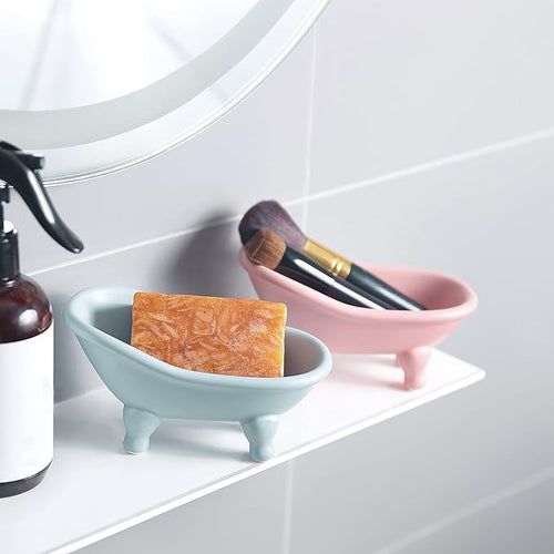 1 Piece 5.6" Colorful Ceramic Mini Clawfoot Bathtub Soap Dish Decortative Soap Dish Small Planter Makeup Organizer Container Hamster Bathtub（Pink）