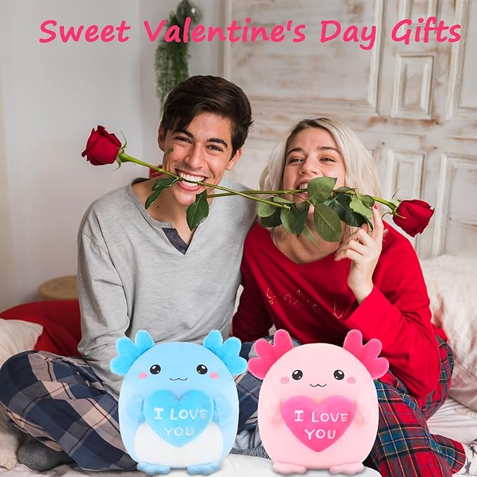 Axolotl Stuffed Animal, Loving Axolotl Plush Toys with Holding Heart I Love You for Valentine's Day, Sweet Romantic Anniversary Birthday Gift for Girlfriend/Boyfriend(Blue,10 inch)