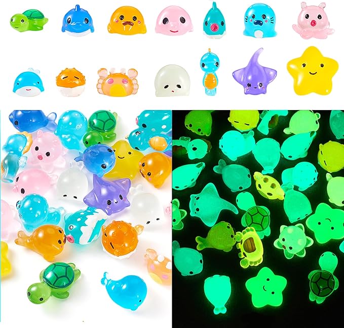 Beadthoven 28pcs Luminous Mini Resin Sea Animals Figures, Fish Crab Star Turtle Figurine Glow in The Dark Miniature Ocean Animal Ornaments for Fish Tank Potted Garden Decoration DIY Micro Landscape
