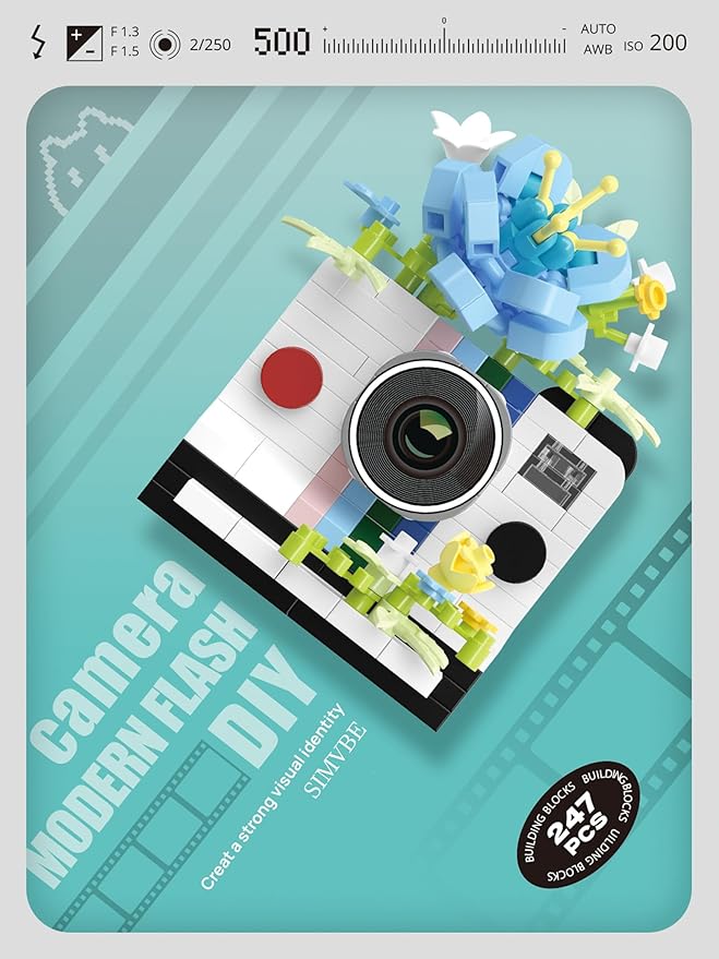 Ice Blue Film Cute Flower Camera Series Mini Building Toy Bricks Micro Blocks Kit Miniature Toys Ideal for Home Decor Desktop