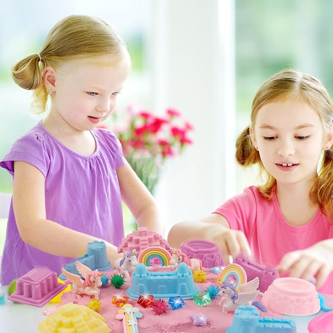 Volmop Unicorn Sensory Bin for Girl, 148pcs Play Sand Art Kit with Sandbox, 3.3lb Color Sand,Unicorn Tactile Sensory Toy for Girl Toddler Ages 3-8