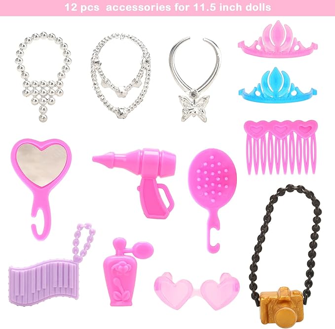BARWA 43 PCS Doll Accessories Travel Toiletries Clip Bag Crown Necklace Comb Camera Rubber Band for 11.5 inch Doll Xmas Gift…
