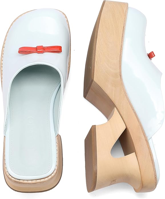 kuoco Handmade Swedish Wood Mules for Women Platform Low Heel Wooden Clogs Mules Open Back Faux Leather Clogs