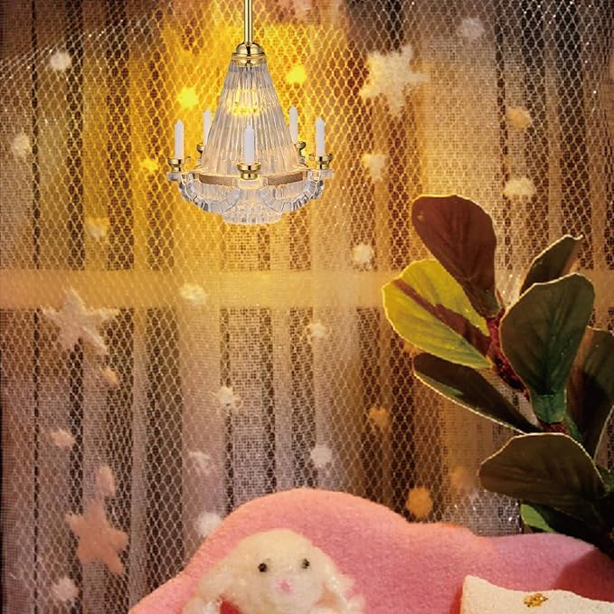 NUOBESTY Dollhouse Ceiling Lamp, 1:12 Scale Dollhouse Hanging Lights Led Miniature Doll House Light Battery Operated Miniature Chandelier for DIY Doll House Furniture Accessories