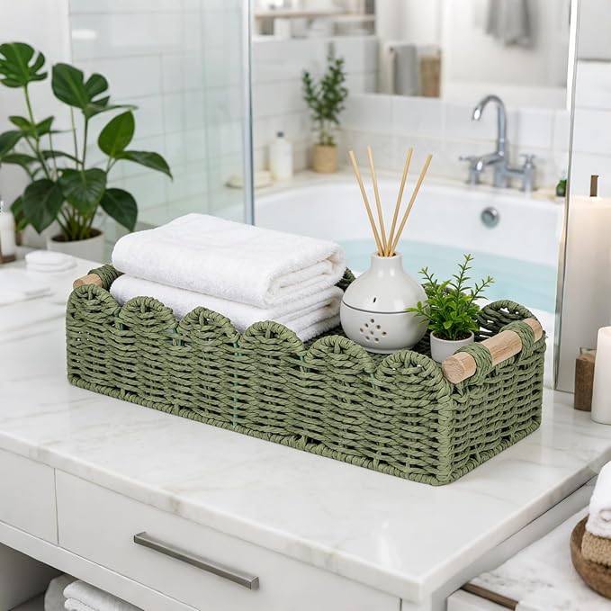 Green Paper Rope Scalloped Basket with Wooden Handles, Decorative Storage Basket for Coffee Table, Bathroom Counter, Shelves & Entryway – 14" x 6.3" x 3.9"