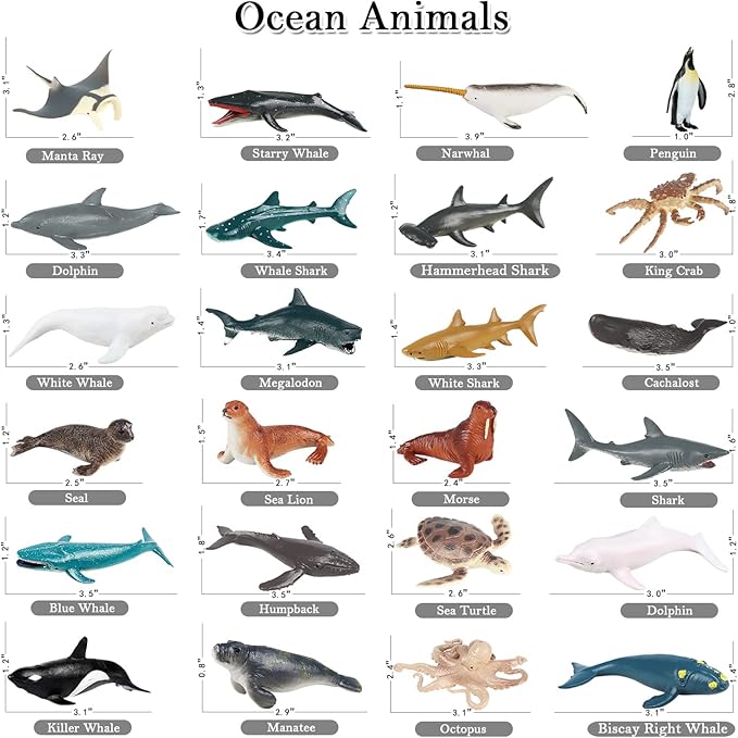 EOIVSH 24PCS Mini Ocean Animal Figurines - Realistic Sea Creatures Toy Figures with Sharks, Whales & Walrus - Under The Sea Life Figure for Party Decoration, Easter Egg Filler & School Project