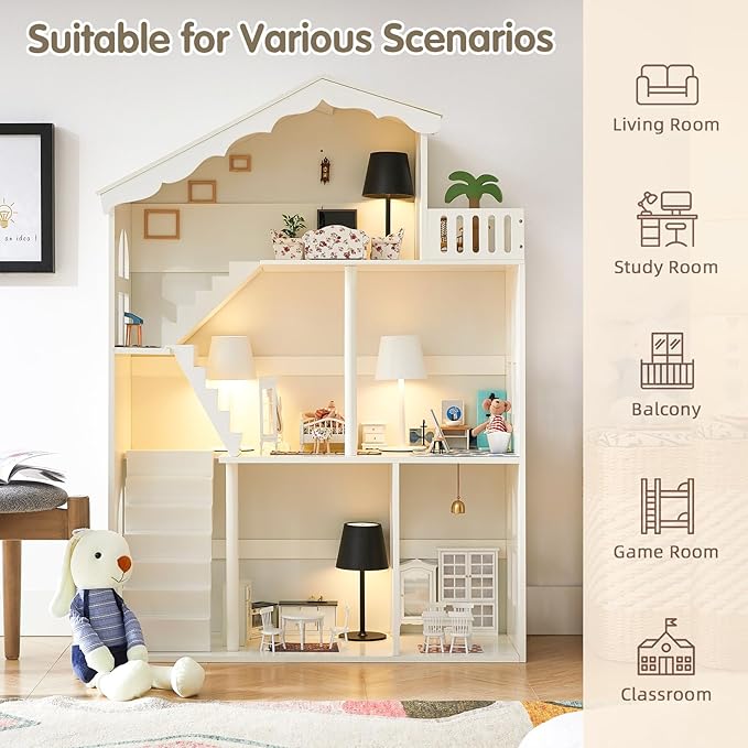 Dollhouse Bookshelf, Wooden Kids Bookshelve Children Doll House Toy Storage 3-Tier Bookcase for Books Gift for Girls Ages 3-7+
