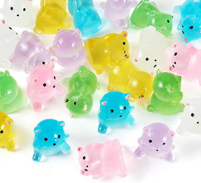 Beadthoven 24Pcs Luminous Mini Resin Bears, Glowing Gummy Bear Animals Miniature Sculpture Dollhouse Figurine Colorful Cute Cabochons Small DIY Charms Micro Fairy Garden Craft Landscape Ornaments