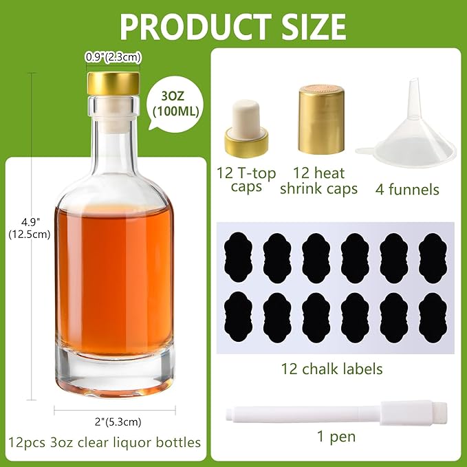 BPFY Glass Liquor Bottles with T-Top Caps and Heat Shrink Capsules, Empty Mini Vodka Bottles, Travel Shots Bottle for Wine, Alcohol, Whiskey, Beverages (3 oz 12 Pack)