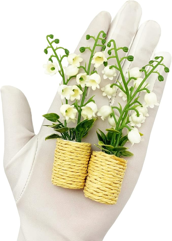 2Pieces Miniature Potted Plants Flowers Artificial Lily of The Valley Basket Bonsai for 1:12 Mini Dollhouse Scene Model Micro Landscape Decoration