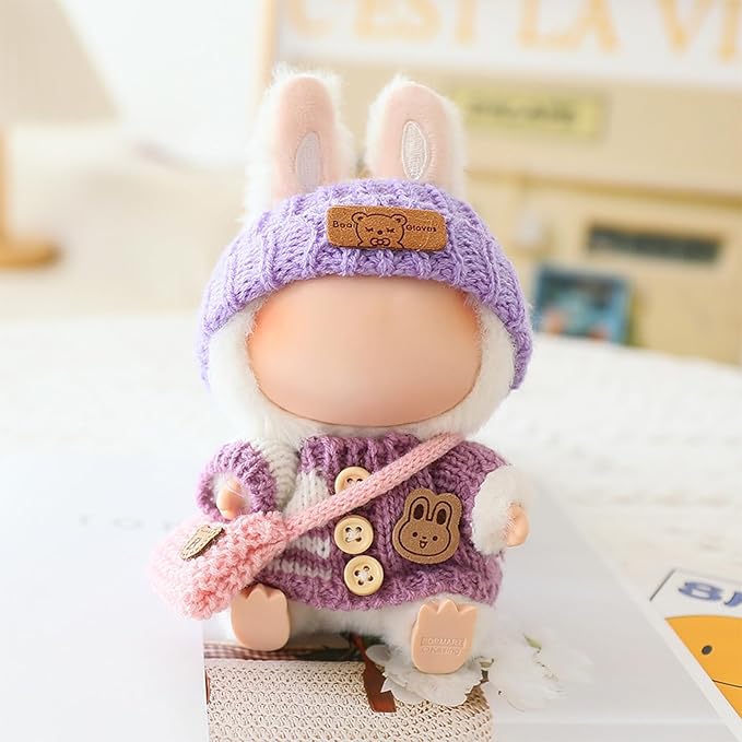 Clothes for LABUBU Doll (NO Doll), Handcrafted Crochet 3-Piece Accessories for LABUBU 17cm Dolls, Premium Outfit - Bunny Sweater + Hat + Bag, Cute Clothes for Dress up Unique Style (Purple)