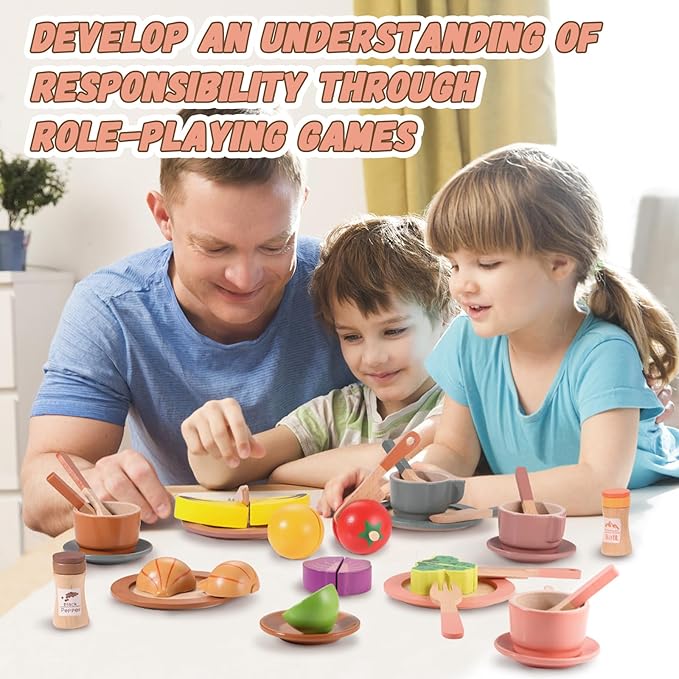 GAGAKU Wooden Dishes Kids Play Dish Set - Wood Plates Set for Toddler Montessori Wooden Kitchen Toys