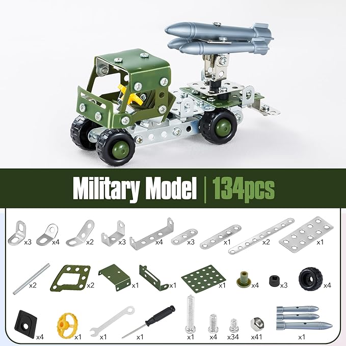 Military Truck STEM Building Toy Set for Boys Age 8-12 - Metal Army Toys Model Car Kits Set - Engineering STEM Kits or Kids 6-8, 8-10 Stem Projects Vehicles 134pcs