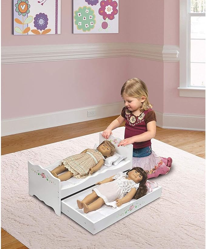 African Adventure Doll Bed with Bedding & Personalization Kit - White Rose - 22" L x 11.25" W x 10.25" H - for Dolls Up to 20", Includes Four Pillows