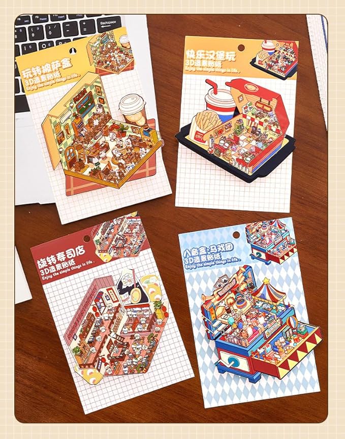 DIY 3D House Stickers Kit - 4 Sets Food Theme & Cartoon Scenes for Adults, Creative Art for Stress Relief, Pass The Time,Home Decoration, Relaxation Gifts