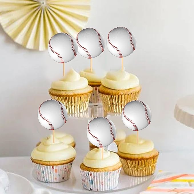 Ercadio 24 Pack Double Sided Base Ball Cupcake Toppers Sports Base Ball Cupcake Picks Base Ball Birthday Cake Decorations Baby Shower Base Ball Sports Theme Party Cake Decoration