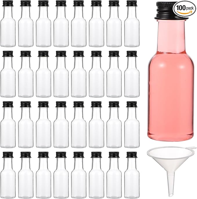 100 Pcs Mini Liquor Bottles Plastic Mini Salad Dressing Bottle Christmas Small Shooter Alcohol Holders with Cap Wine Hot Sauce(0.8 Oz,Black)