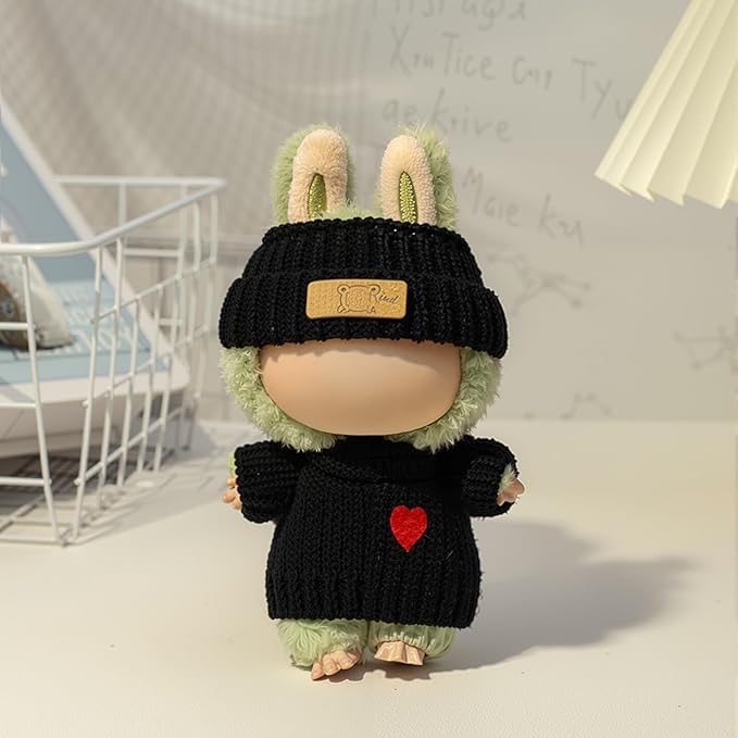 Clothes for LABUBU Doll (NO Doll), Handcrafted Crochet 3-Piece Accessories for LABUBU 17cm Dolls, Premium Outfit - Heart Sweater + Hat + Bag, Cute Clothes for Dress up Unique Style (Black)