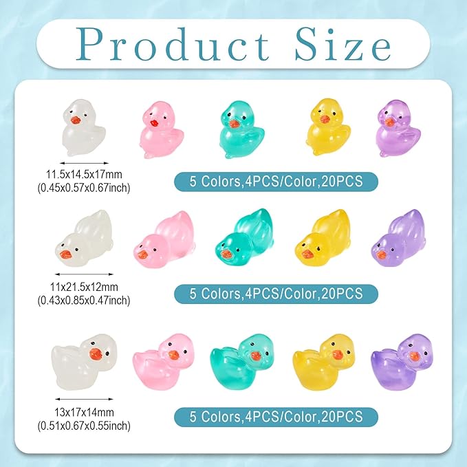 Beadthoven 60pcs Luminous Mini Resin Duck, Glow in The Dark Duck Animals Dollhouse Figurine Assorted Colorful Cute Cabochons Small Glowing Figure DIY Charms Ducks Garden Craft Landscape Ornaments
