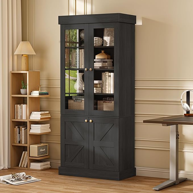 71" Tall Farmhouse Kitchen Pantry, Large Storage Cabinet with Glass Doors, Adjustable Shelves, 3 Drawer, Wood Versatile Hutch Cabinet for Dining Room, Living Room, Black 2 Pcs