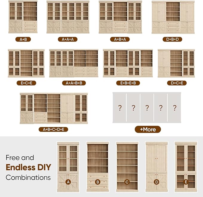 70.8" Tall Brown Bookshelf with Glass Doors, Farmhouse Modular Bookcase with 6-Tier Adjustable Shelves, Large Storage Cabinet for Home Office, Living Room