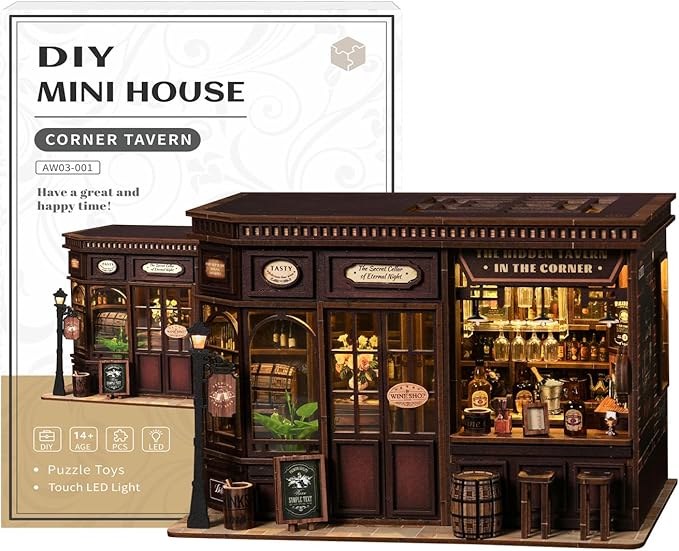Book Nook Kit for Adults DIY 3D Wooden Miniature House with LED Light, Holiday Theme Dollhouse Craft for Bookshelf Decor Creative Christmas Halloween Birthday Gift for Friends & Family, Corner Tavern