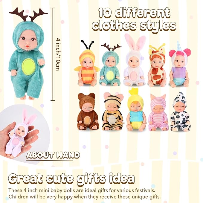 10 Pcs 4 Inch Mini Dolls Playset - Reborn Baby Dolls with Mixed Eyes (5 Open & 5 Closed) Including Handmade Animal Clothes, Christmas Easter Gift for Kids Ages 3+