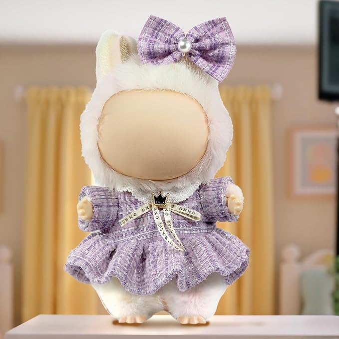 Clothes for LABUBU Doll (NO Doll), Luxury Chic Style 2-Piece Accessories for LABUBU 17cm Dolls, Premium Fashion Outfits for LABUBU - Bow Headdress + Plaid Tweed Dress (Purple)